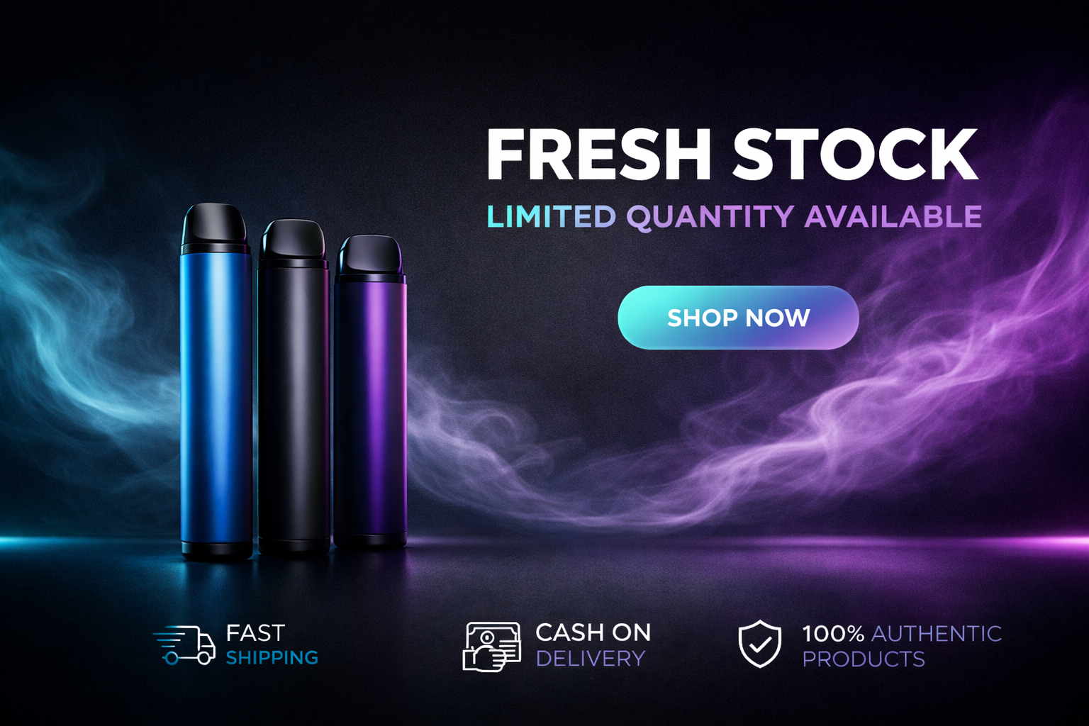 Fresh stock disposable vapes banner with shop now call to action